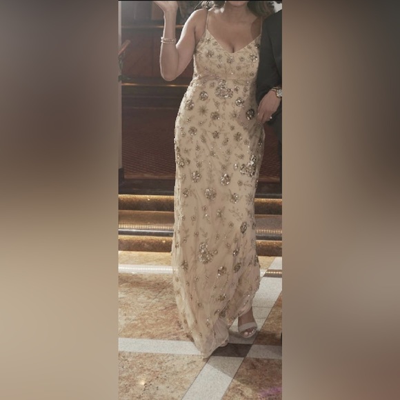 GOLD MAC DUGGAL SLEEVELESS BEADED SLIP DRESS GOWN - Picture 4 of 4